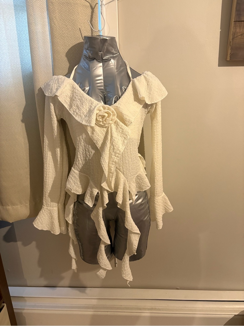 Women’s Cream Ruffle Wrap Blouse with Floral Accent